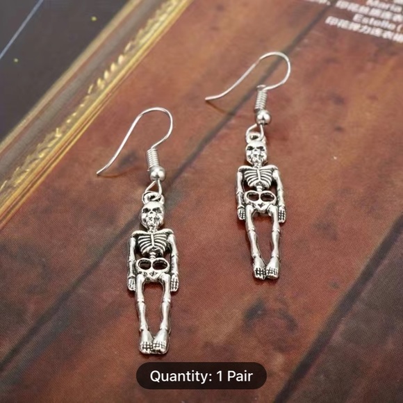 Skeleton Halloween Earrings - Long Tibetan Charms on Nickel free Silver Tone - Picture 6 of 6